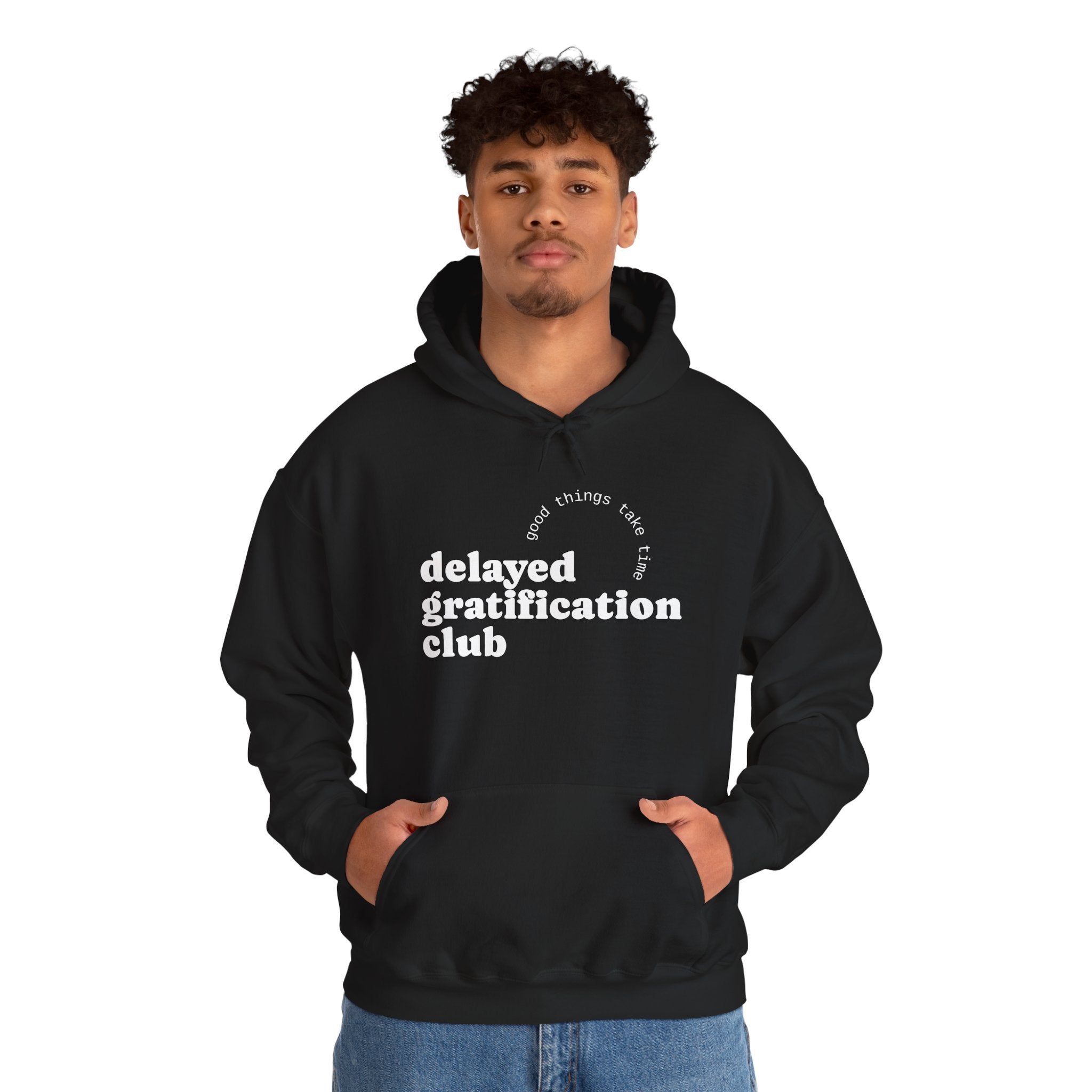 Delayed Gratification Club Hoodie — "be good / do good" Black Graphic Sweatshirt