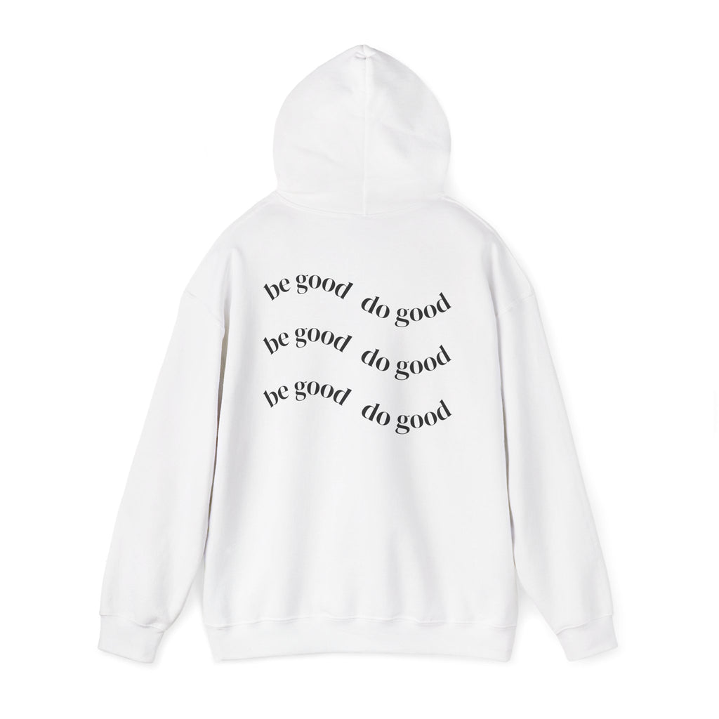 Hoodie — "Delayed Gratification Club" White Pullover with Back "Be Good Do Good" Design